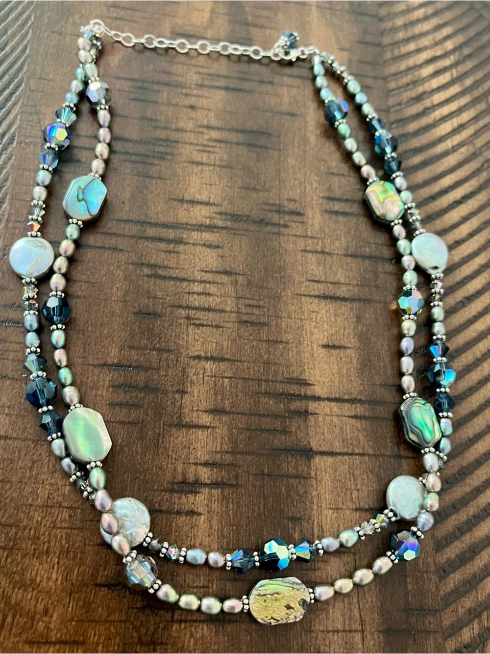 925 Sterling Silver Abalone Pearl Crystal Multi Strand Necklace 17”-19” Artisan